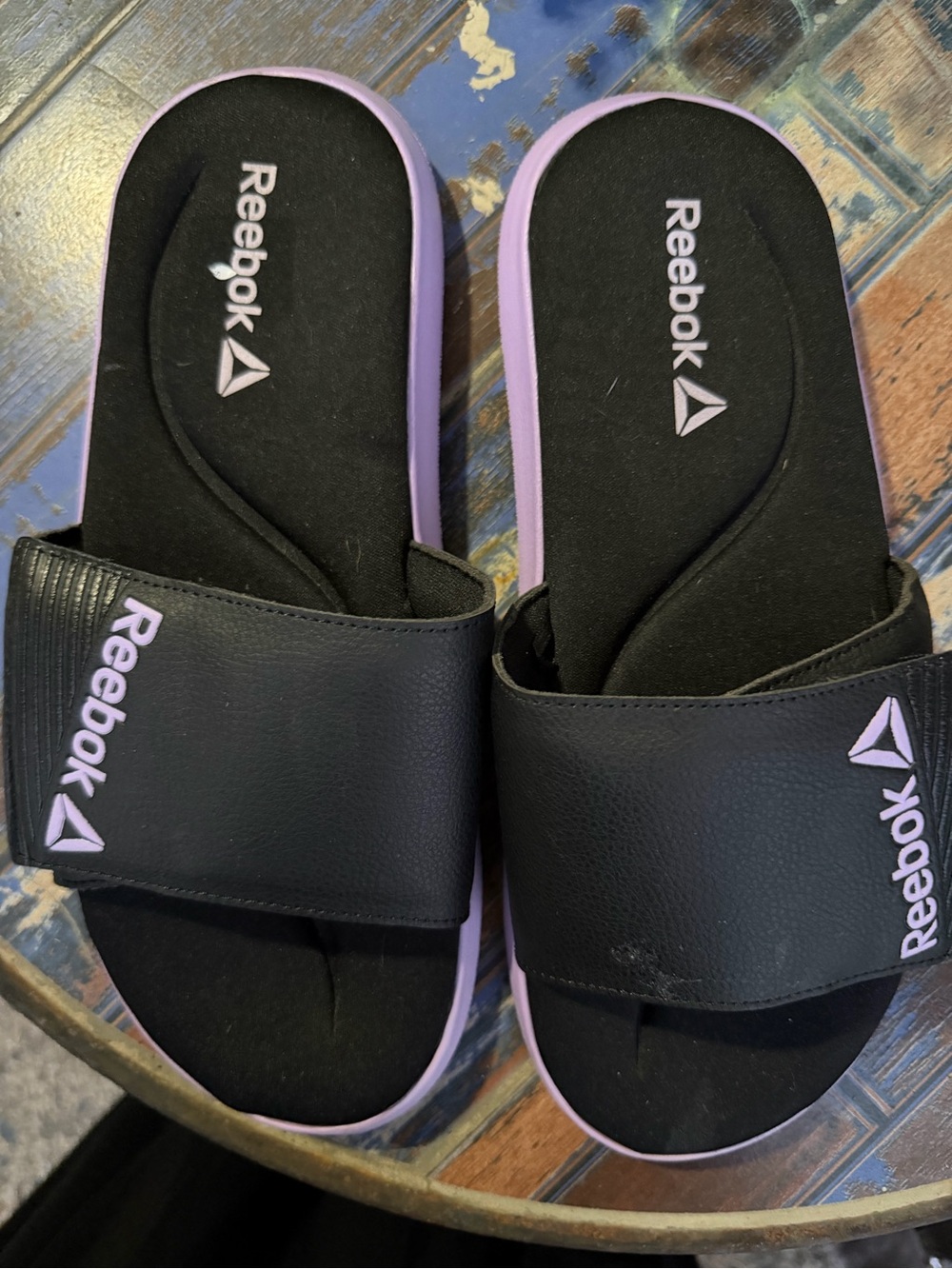 Reebok Black and Lavender Slide Sandals